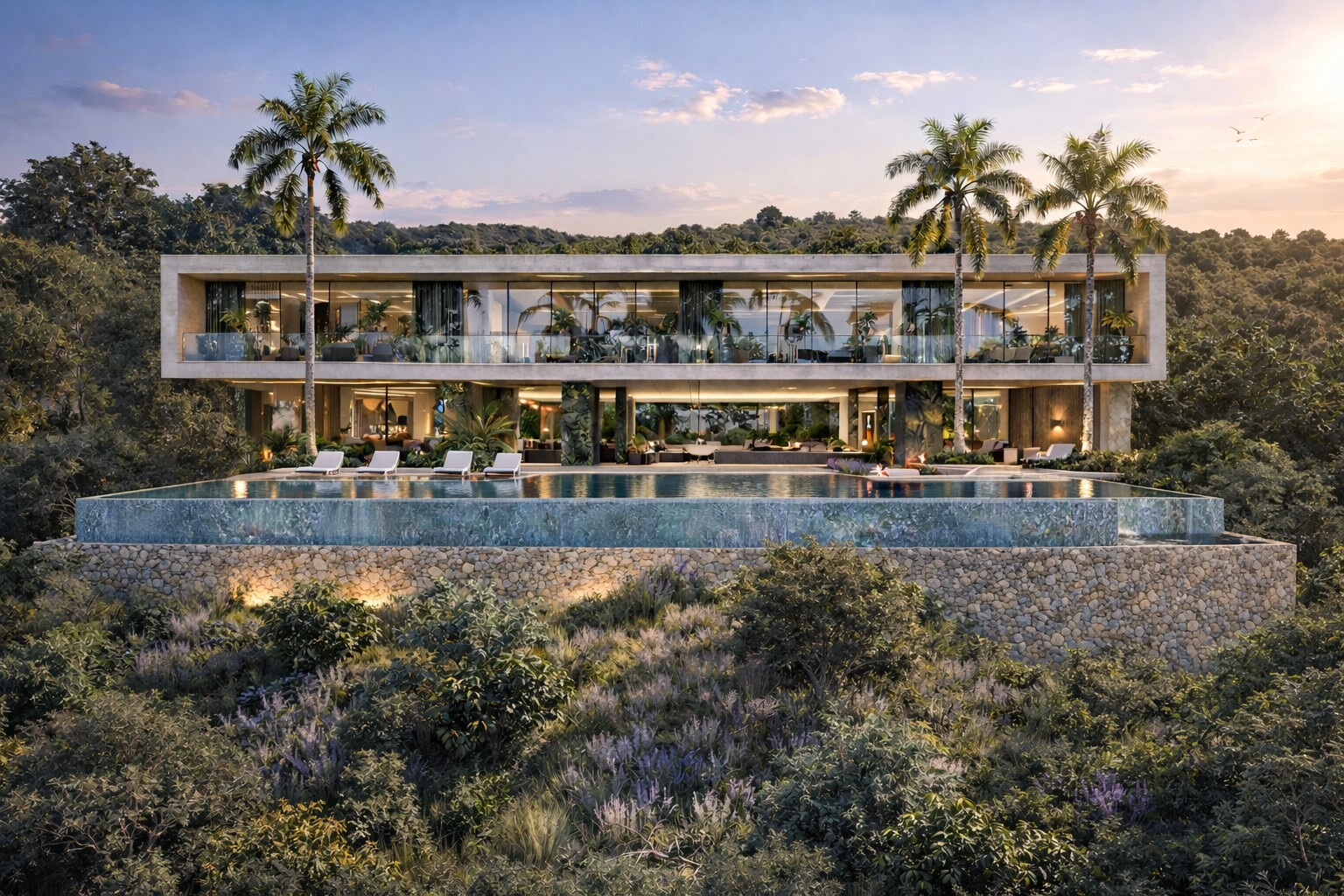 Villa Sand — фасад резиденции с бассейном и террасами