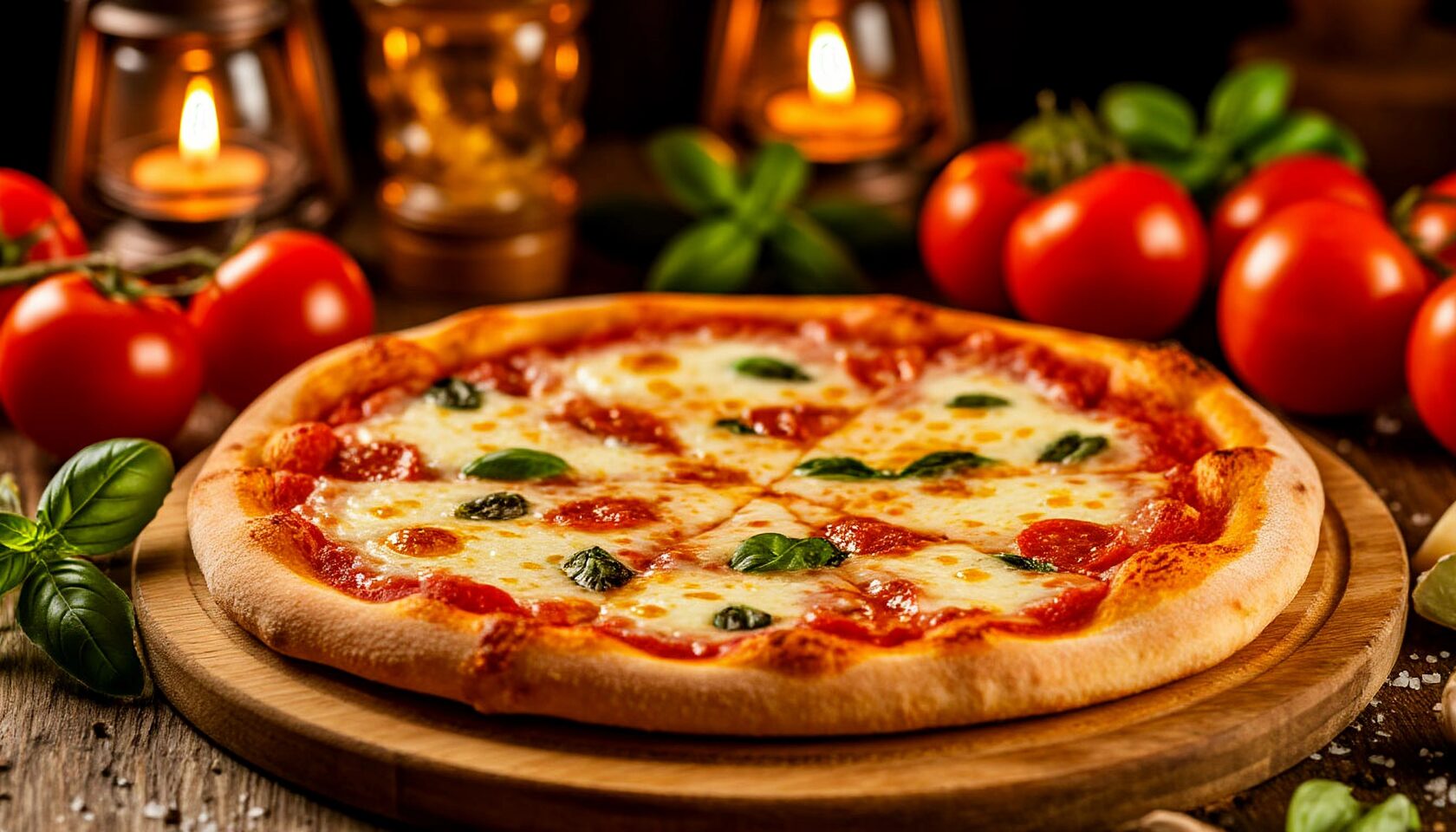 сырная пицца с зеленью и помидорами на деревянной доске