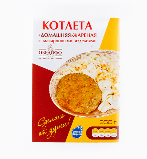Котлета «Домашняя» жареная с макаронными изделиями от производителя Мерилен — замороженный полуфабрикат. Масса нетто: 350 гр.