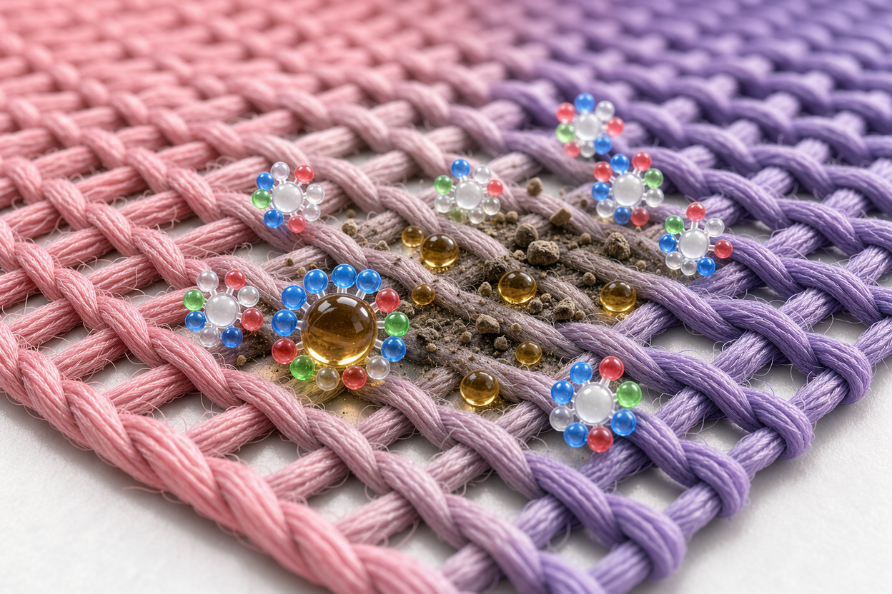Macro view of woven fabric fibers with tiny dirt and oil droplets being surrounded by soap-like micelle spheres; no brand labels