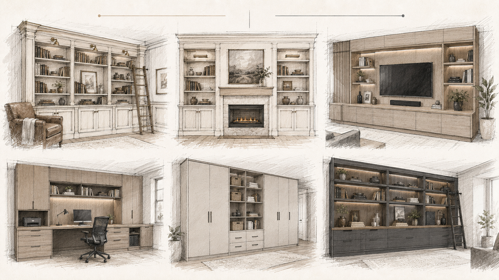 Architectural sketch collage showing painted library and fireplace built-ins alongside modern TFL home office, media wall, wardrobe, and storage systems