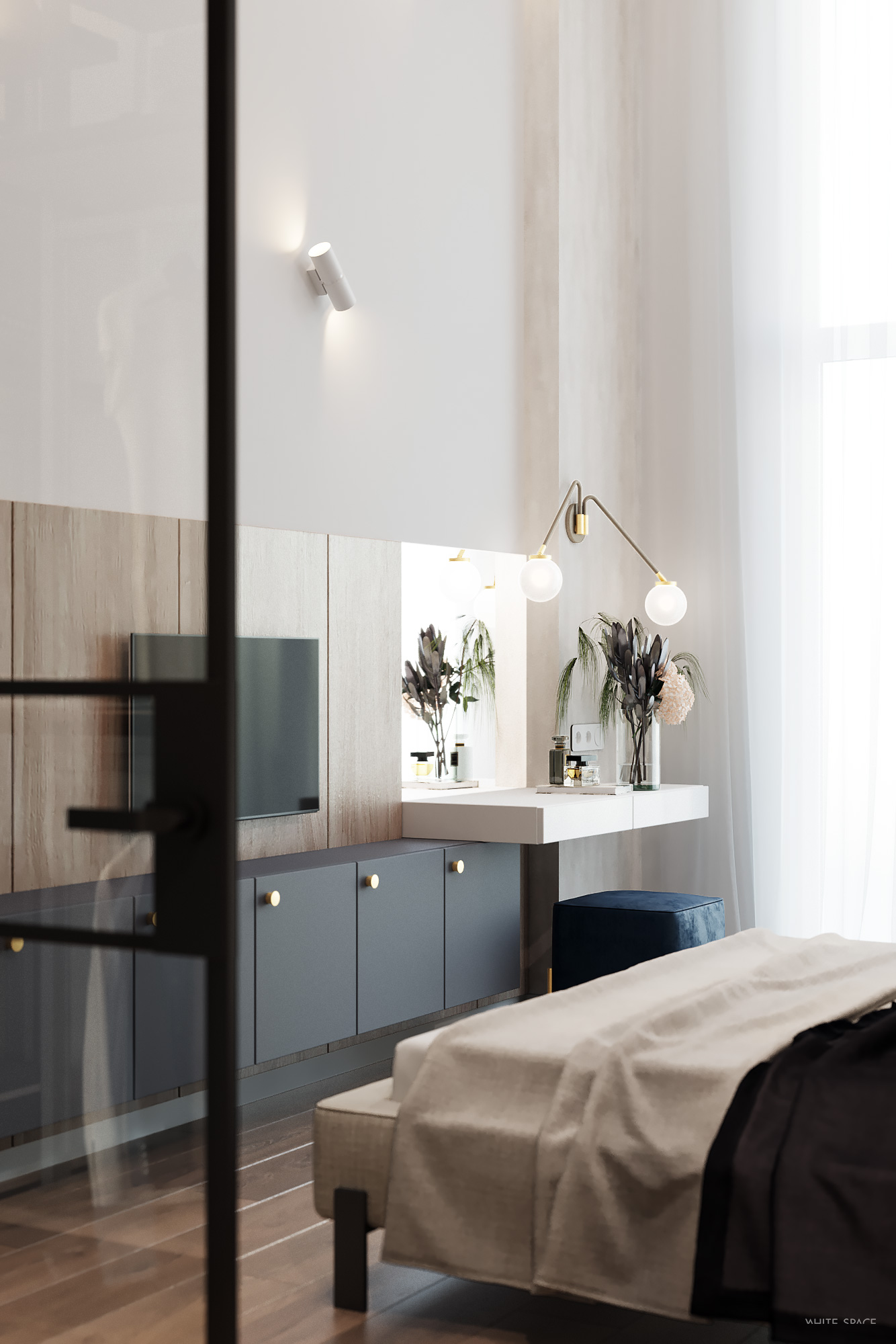 Mur TV sur mesure dans une chambre contemporaine avec rangements gris et poignées dorées