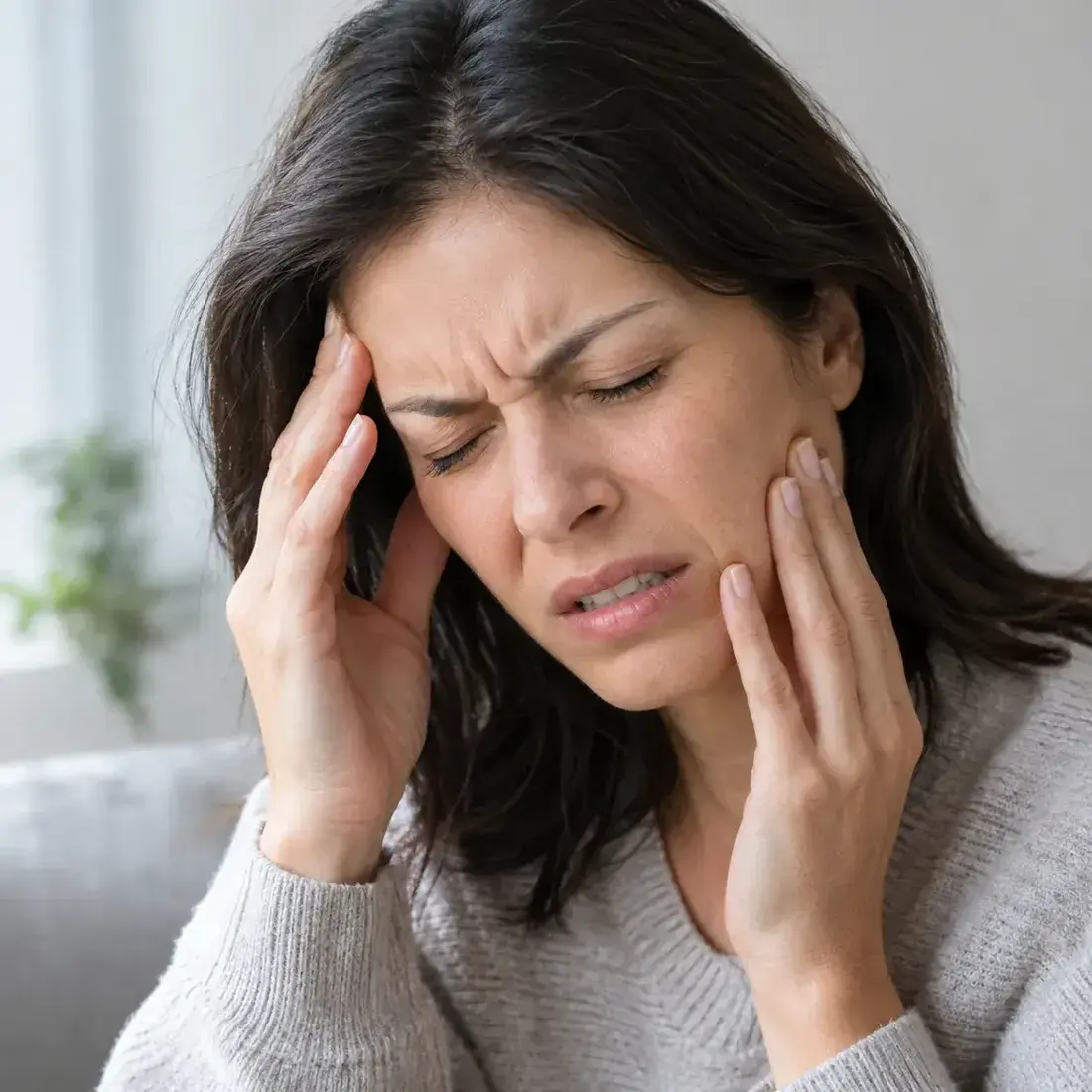 Женщина держится за щёку во время приступа невралгии тройничного нерва