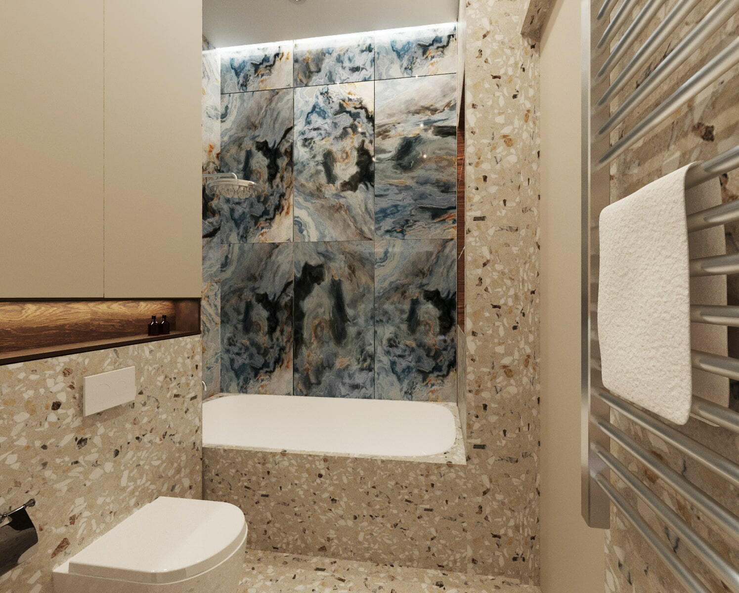 подсвеченный керамогранит, имитирующий камень, в ванной, плитка терраццо