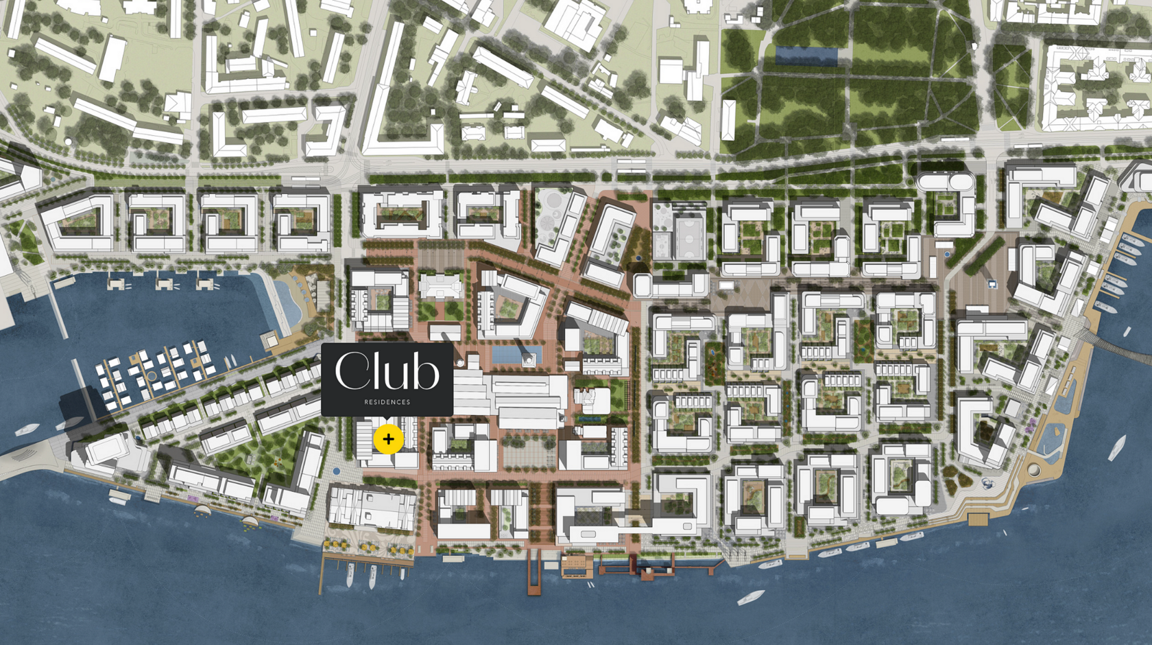 Project masterplan with pin-pointed location of Club Residences on the project map