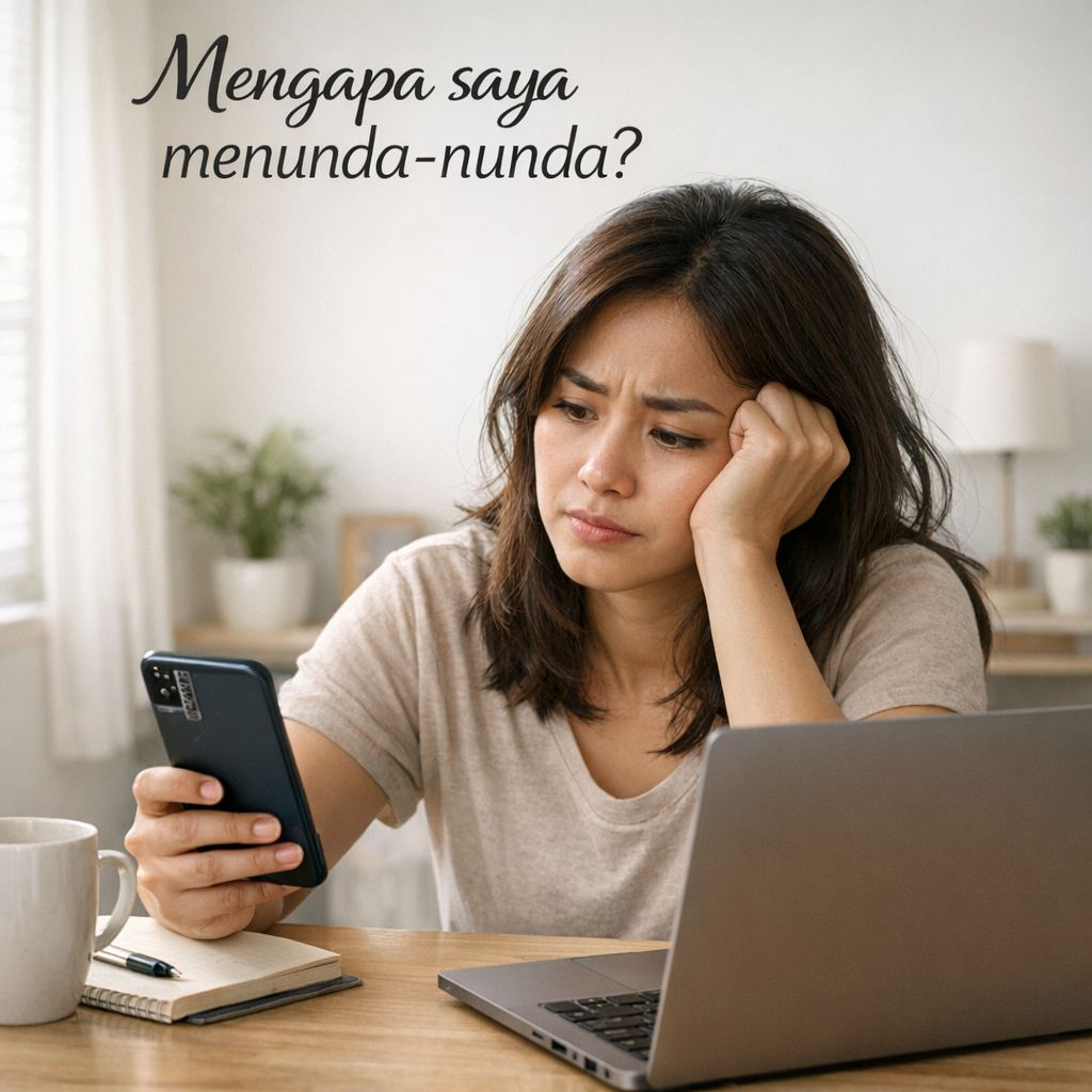 Wanita melihat ponsel sambil menunda pekerjaan di meja kerja dengan laptop, ilustrasi prokrastinasi dalam kehidupan sehari-hari