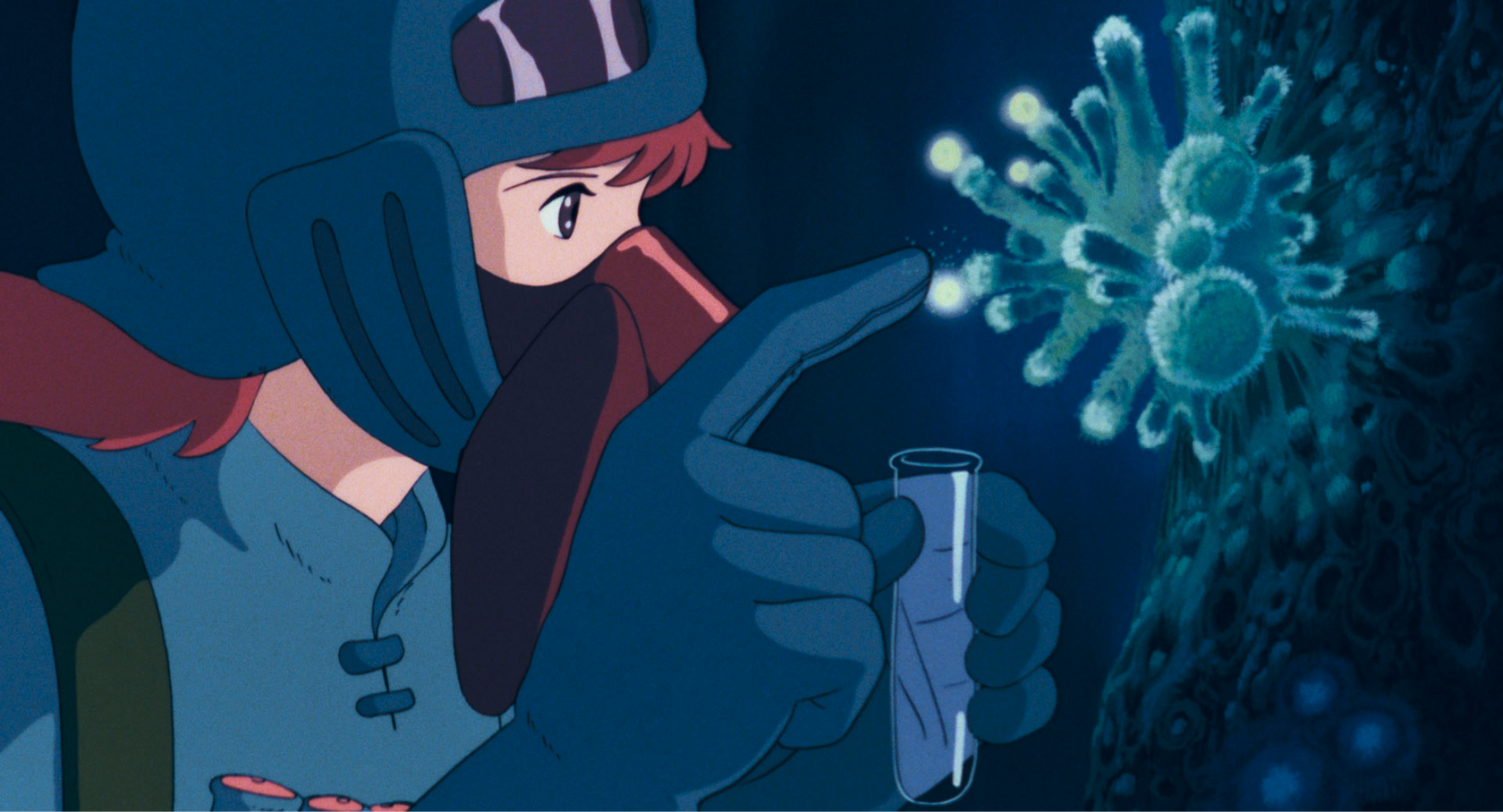 a girl in protective gear collects mushroom spores in the forest