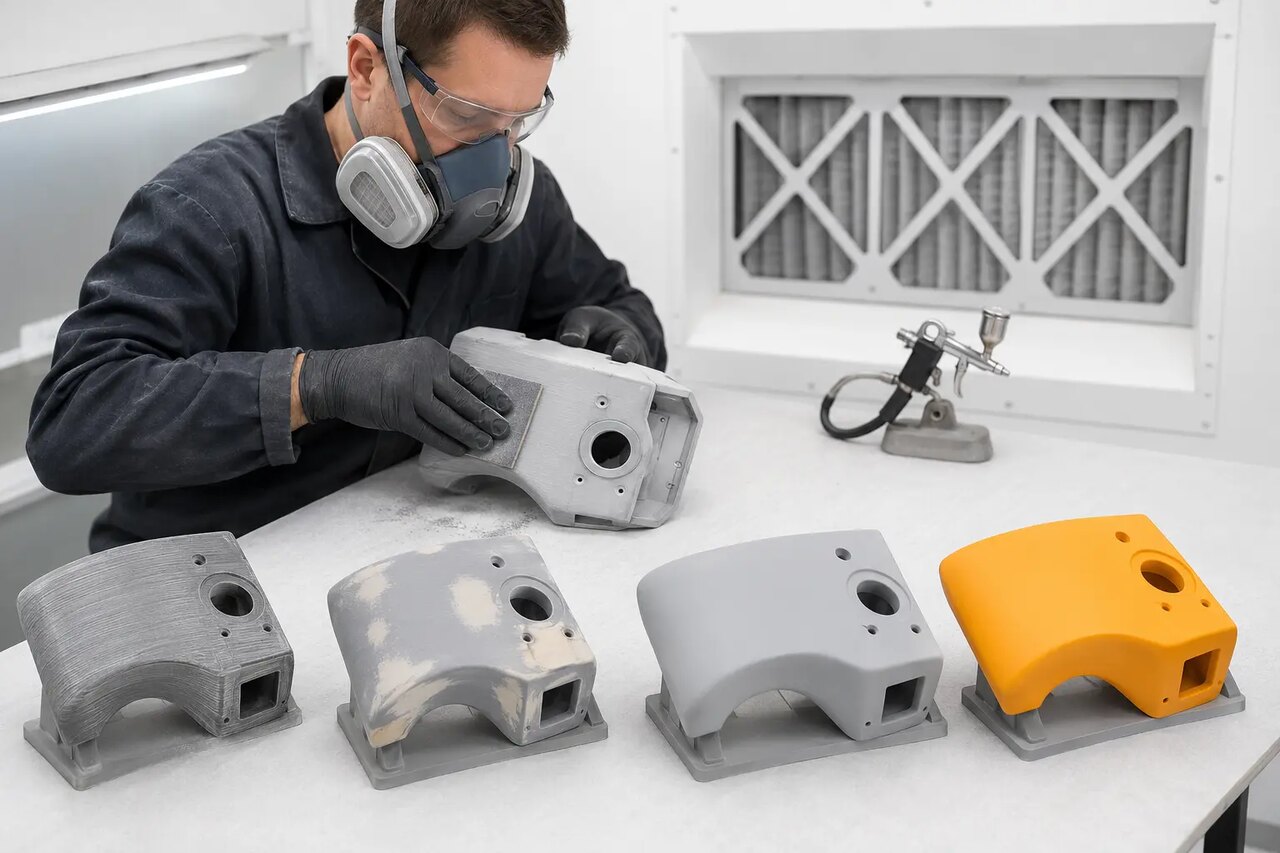 Специалист шлифует и окрашивает 3D-печатную деталь в чистой зоне постобработки