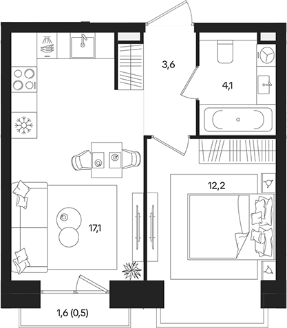 2‑комн квартира ~39 м²