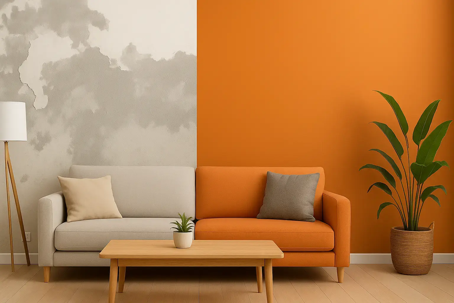 Before and after painting a wall in a modern living room, showing the transformation from a damaged surface to a professional finish in a vibrant color.