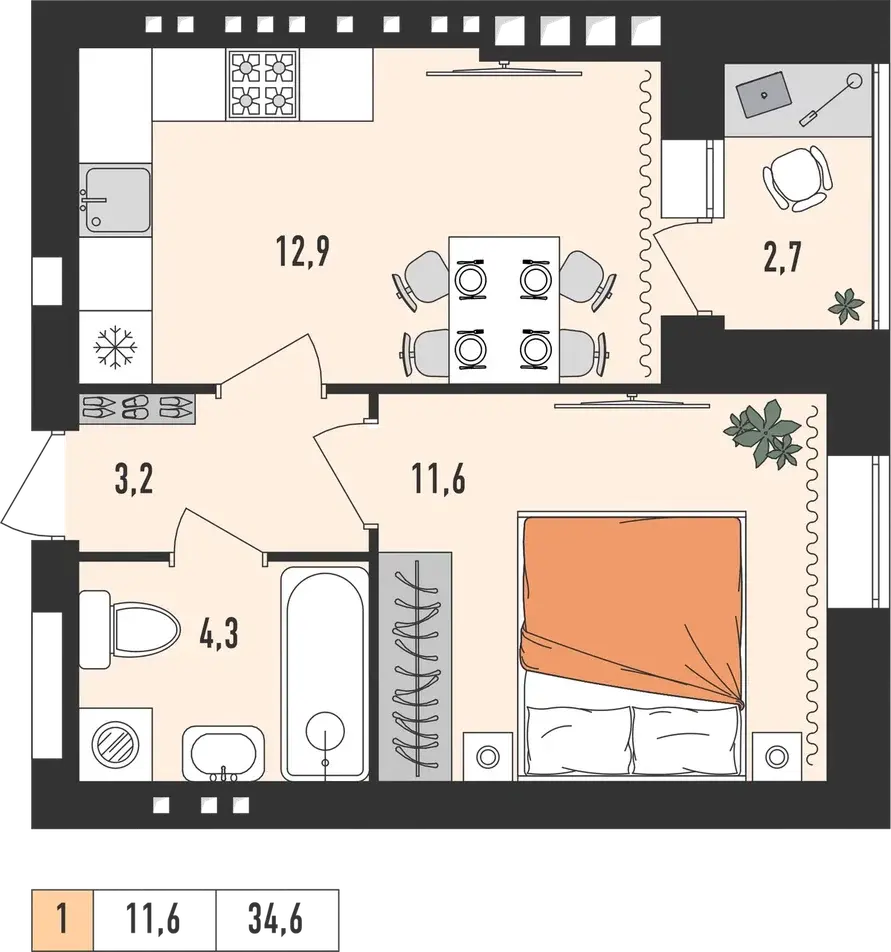 Планировка однокомнатной квартиры площадью 34,6 м²