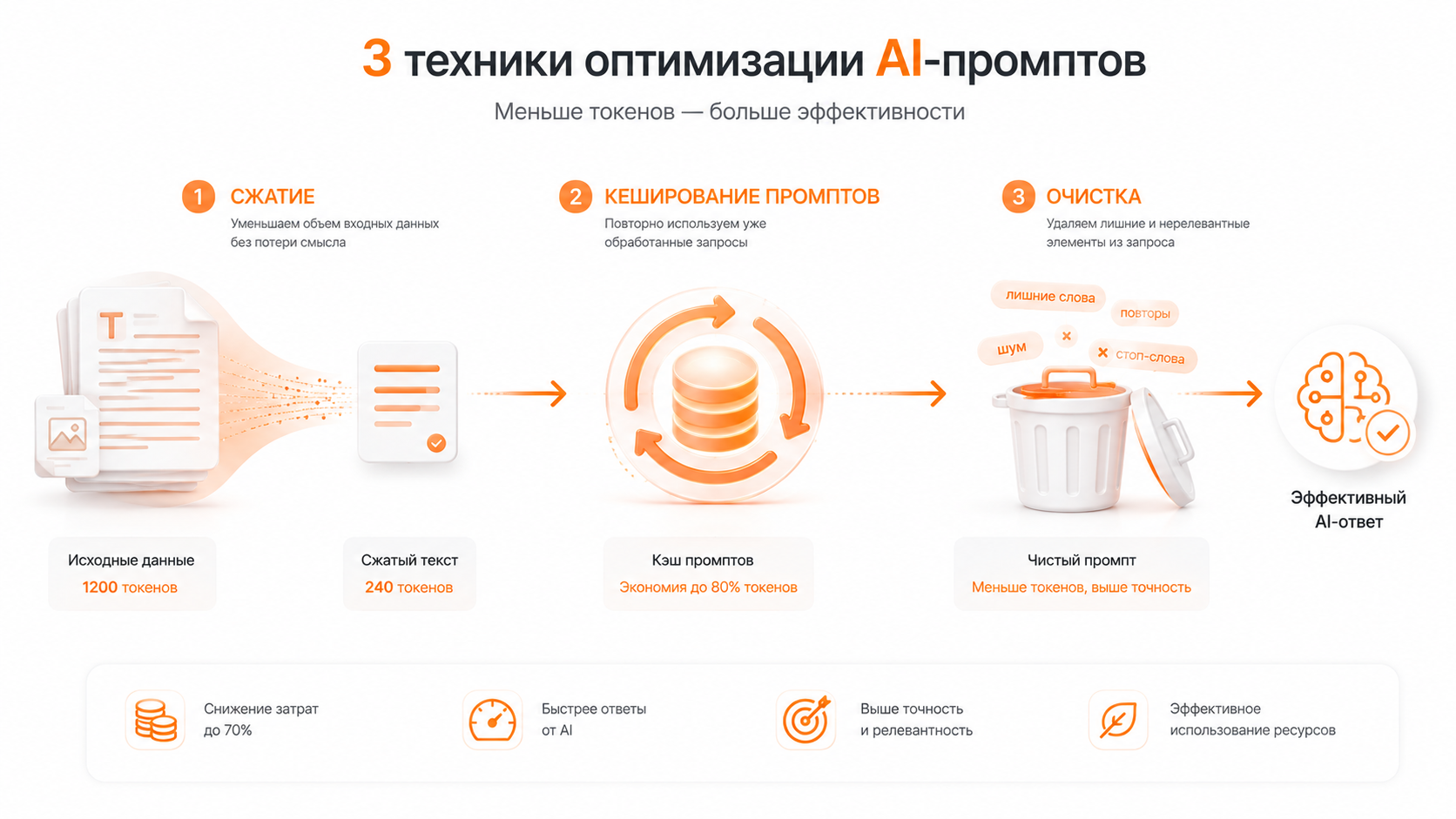 Инфографика методов оптимизации промптов для экономии токенов в языковых моделях