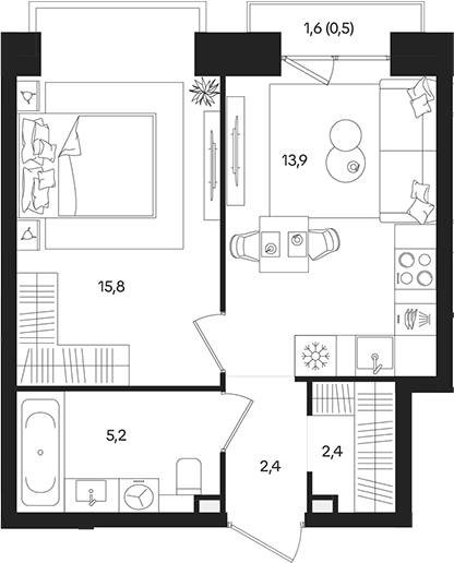1‑комн квартира ~40 м²