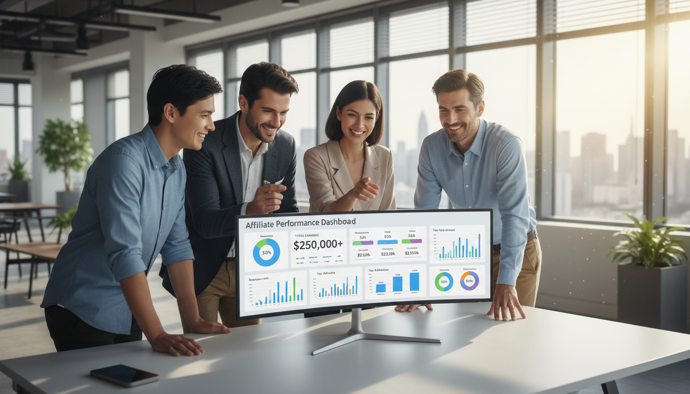 A modern affiliate dashboard displayed on a sleek computer screen.