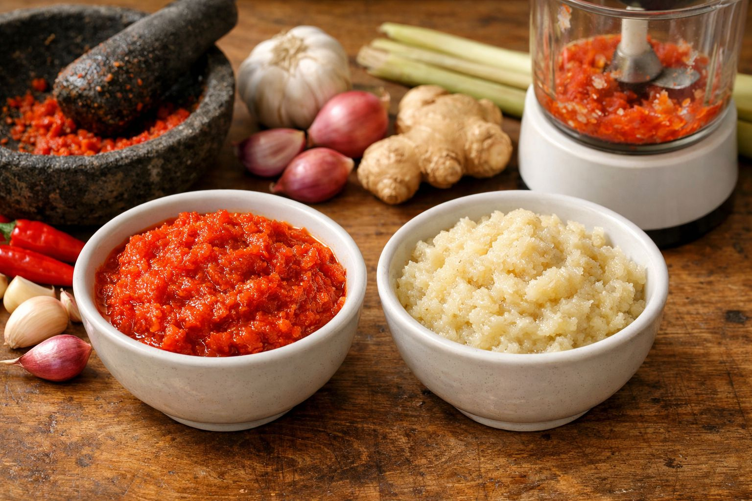 Bumbu dasar merah dan bumbu dasar putih untuk meal prep Indonesia dengan cabai, bawang, serai, dan blender dapur