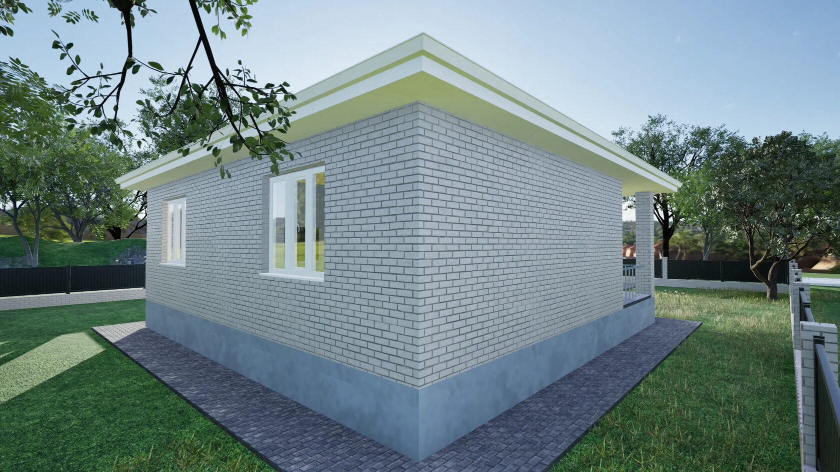 Одноэтажный дом в Ставрополе из белого силикатного кирпича с большой террасой и бордовой крышей