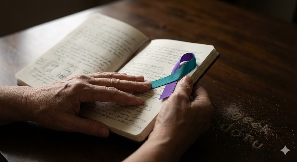 Крупный план рук, держащих фиолетово-бирюзовую ленту (символ ДРИ) над личным дневником. Документальный стиль, мягкое освещение, символизирующее поддержку и рефлексию.