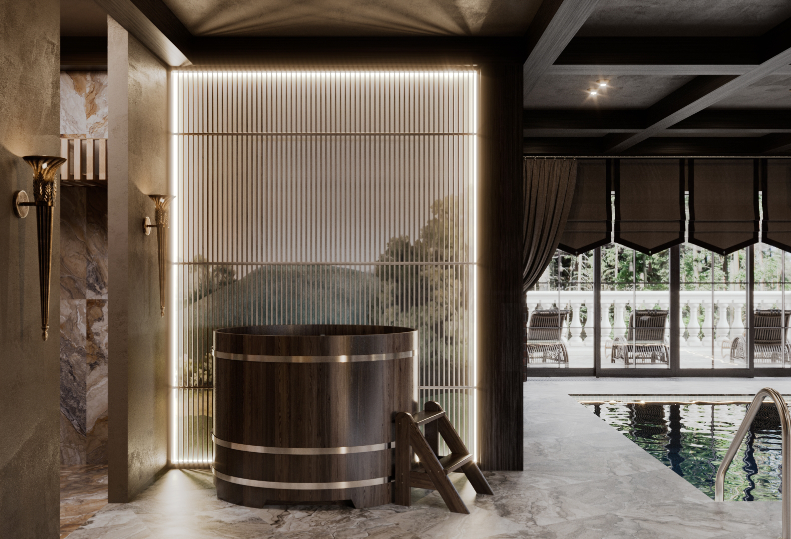 Дизайн интерьера столовой банного комплекса в английском стиле