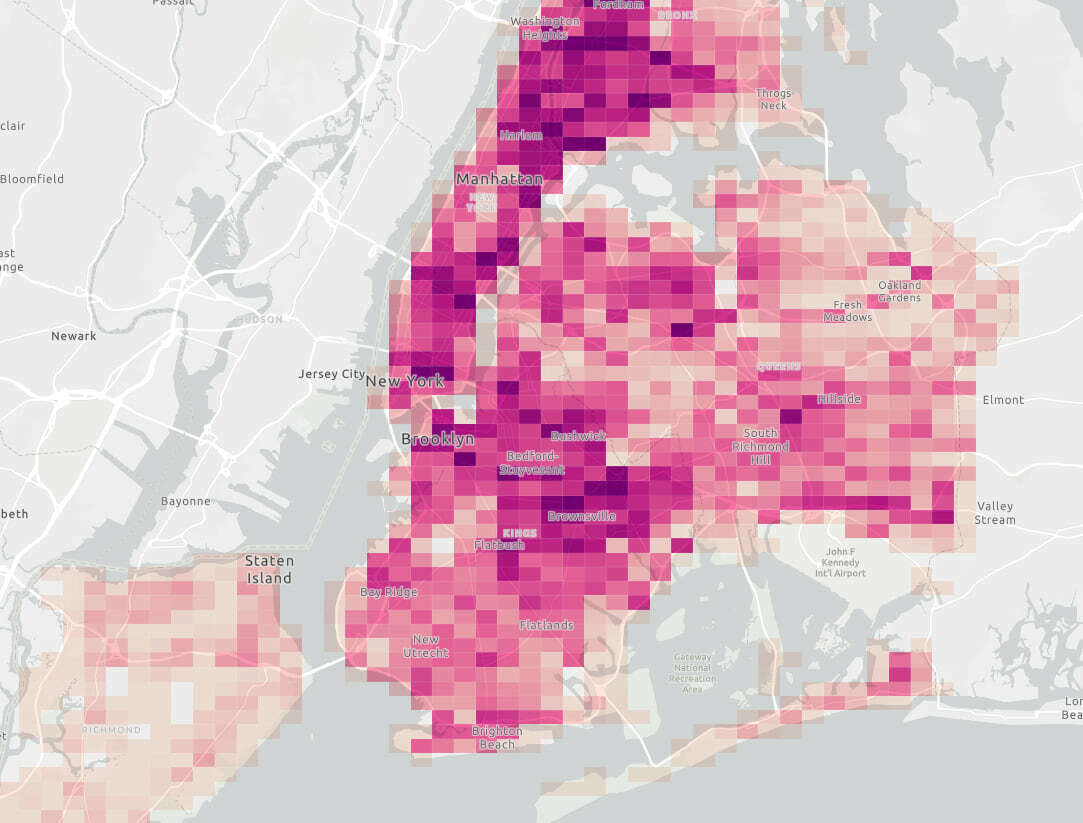 The density of motor vehicle crashes in New York City (2020) visualized with binning.