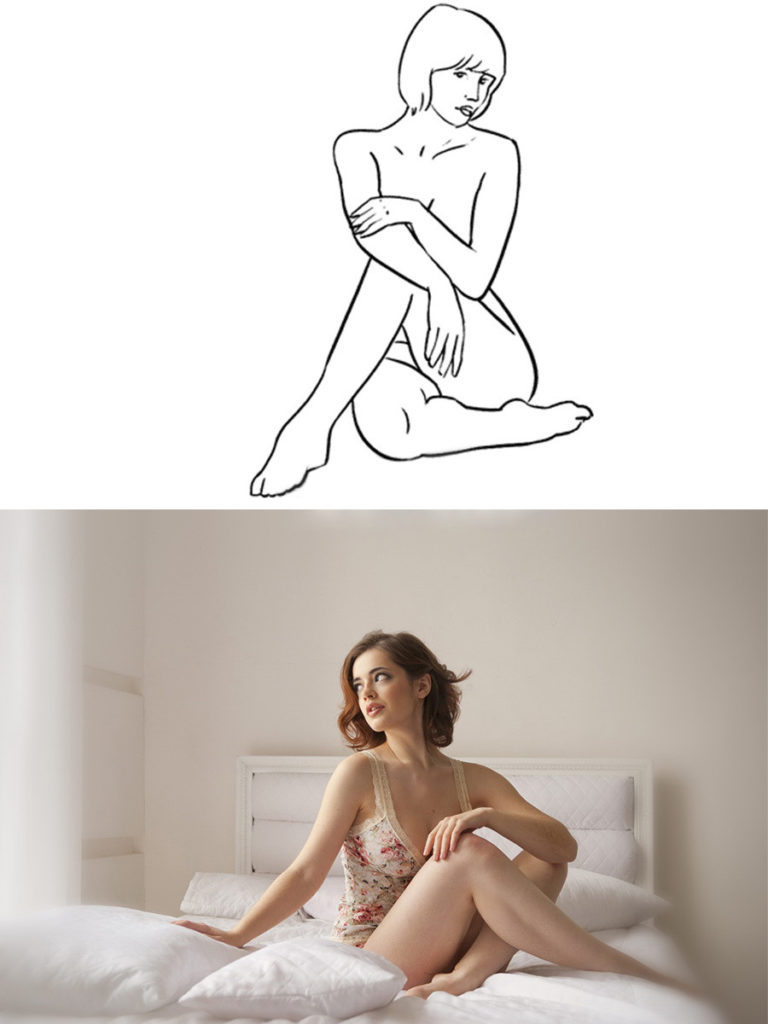 Фото чувственный светловолосая женщина, сидя на полу в сексуальные позы, глядя на камеру.