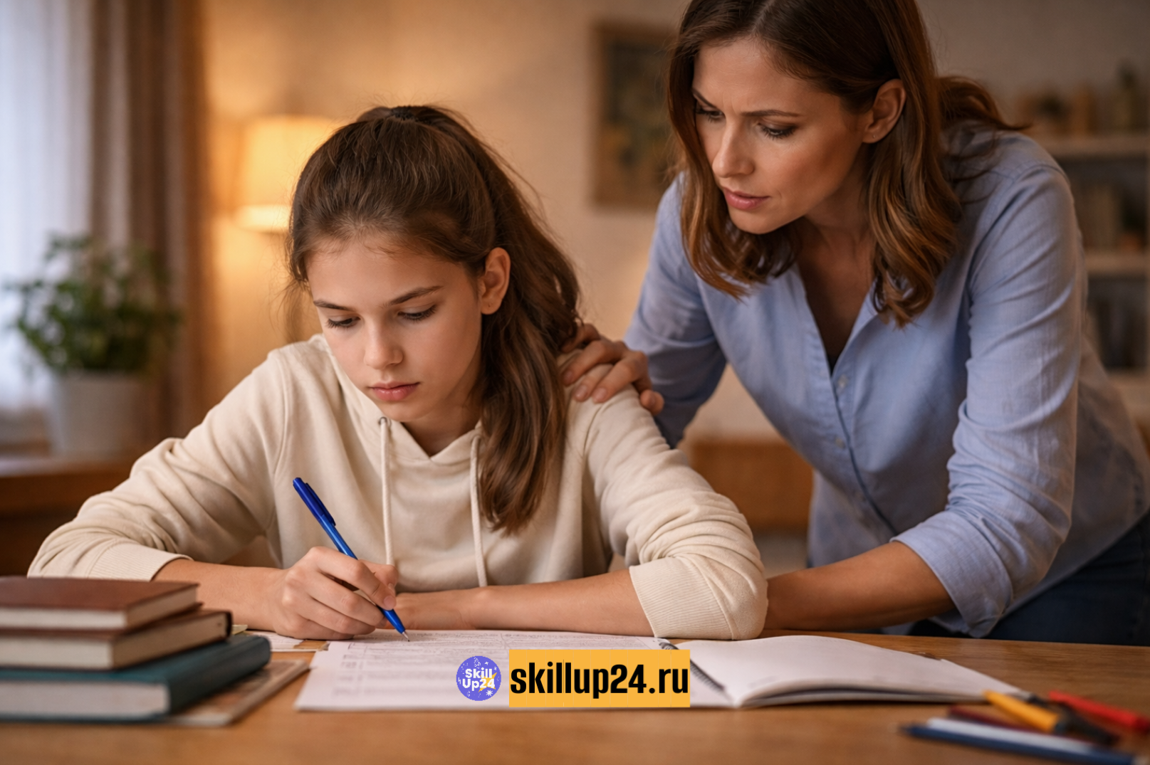 школьница делает домашнее задание с мамой, подготовка к ОГЭ и ЕГЭ SkillUp24