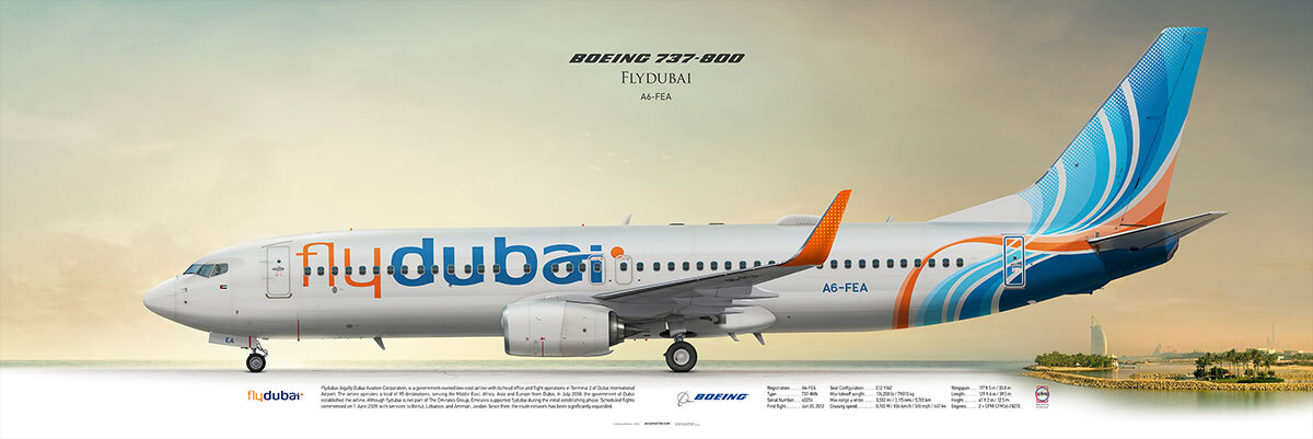 Poster, Boeing 737-800 flydubai aircraft, on the background of Dubai