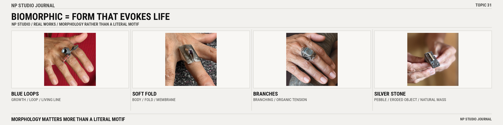 NP Studio infographic: biomorphic traits illustrated through real sterling silver jewelry
