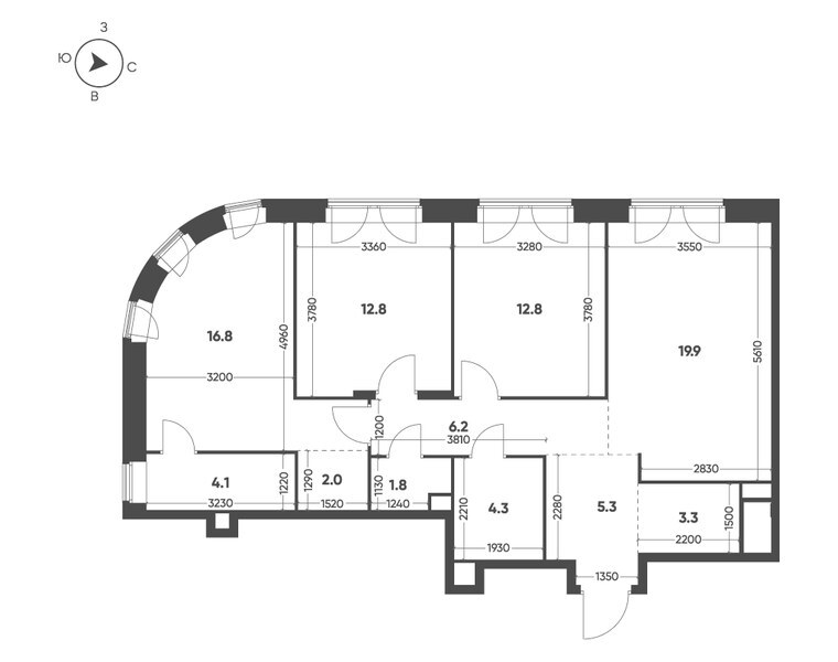 Планировка: 3-комнатная квартира 89,3 м² в ЖК «Мариин Парк», секция 1.1, 14-й этаж
