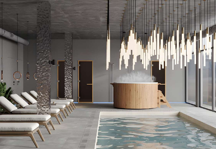 Зона SPA: бассейн, деревянная купель и лежаки у панорамных окон