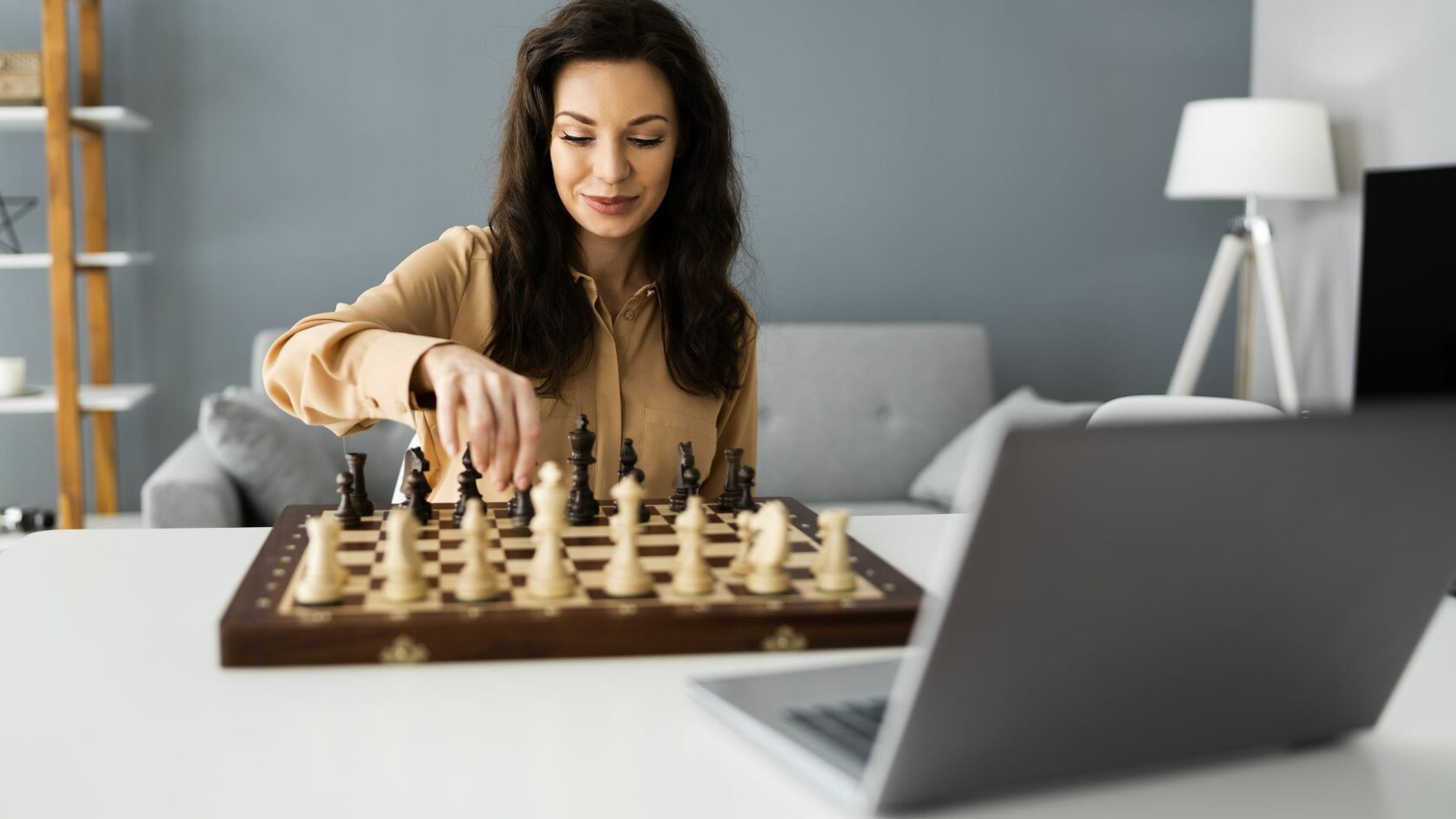 She play chess now. Leonard Chess. Is she Play Chess. Woman playing Chess.