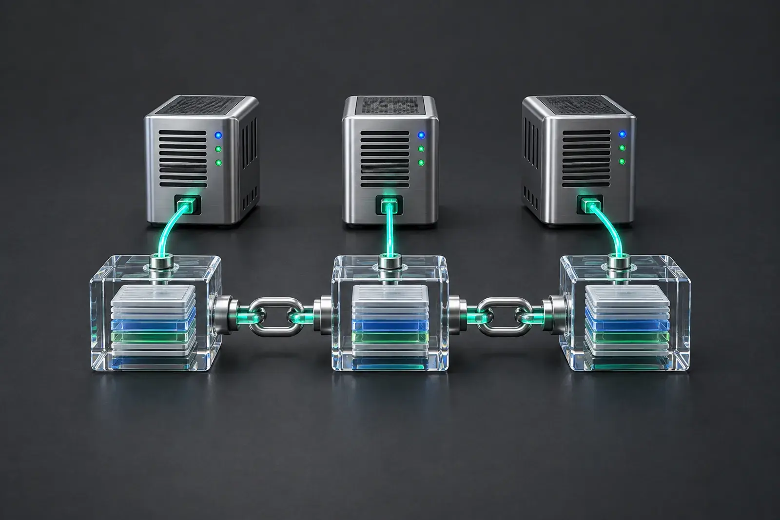 Concept illustration of linked record blocks and computers sharing the accepted history.