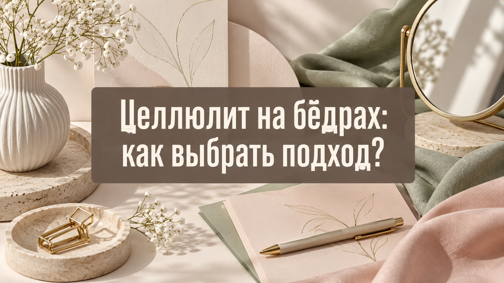 Светлая композиция с цветами, круглым зеркалом, блокнотом и косметическим аксессуаром; по центру фраза «Целлюлит на бёдрах: как выбрать подход?»