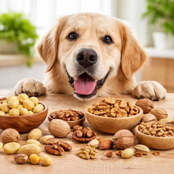 Собака смотрит на орехи на столе — грецкие орехи, макадамия и другие виды орехов, опасные для собак