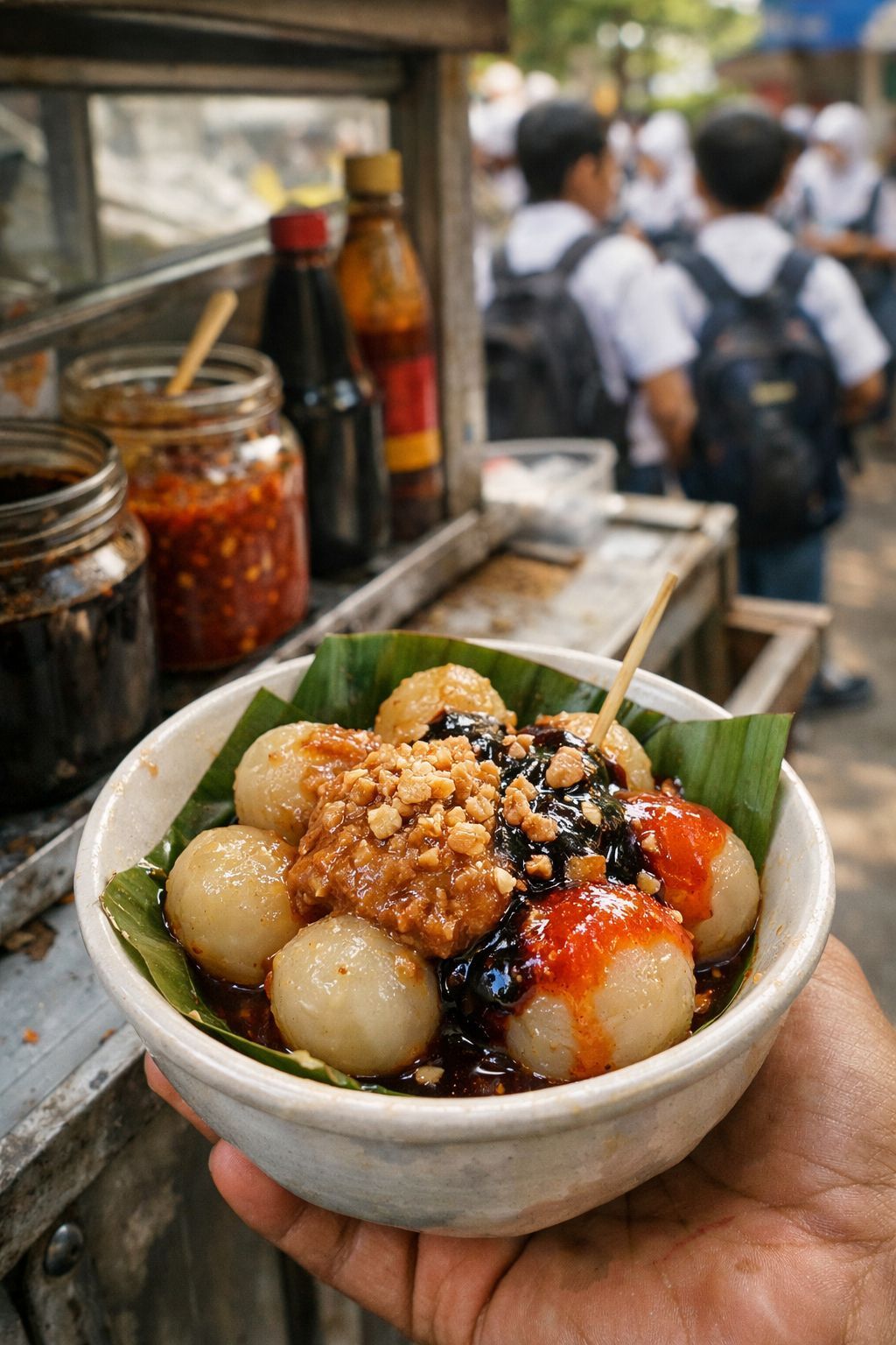 Cilok kenyal khas Jawa Barat dengan bumbu kacang, kecap, dan saus yang menggoda