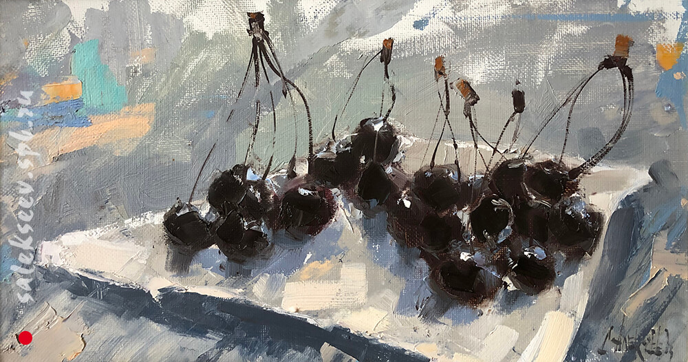 Cherries on a platter. Oil on canvas, 30х50 cm