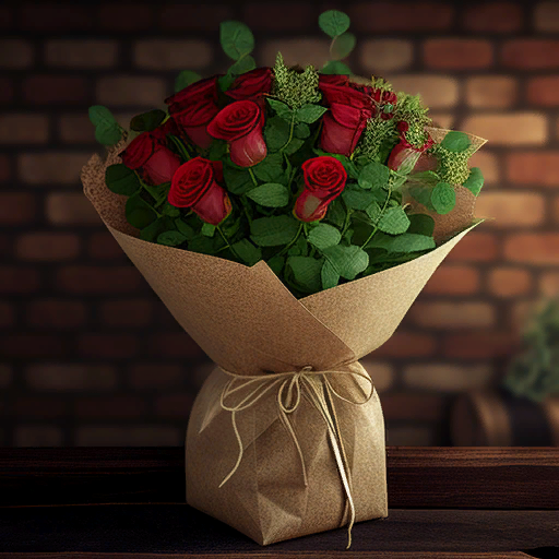 Роскошный букет из 51 розы и декоративной зелени в упаковке на фоне кирпичной стены