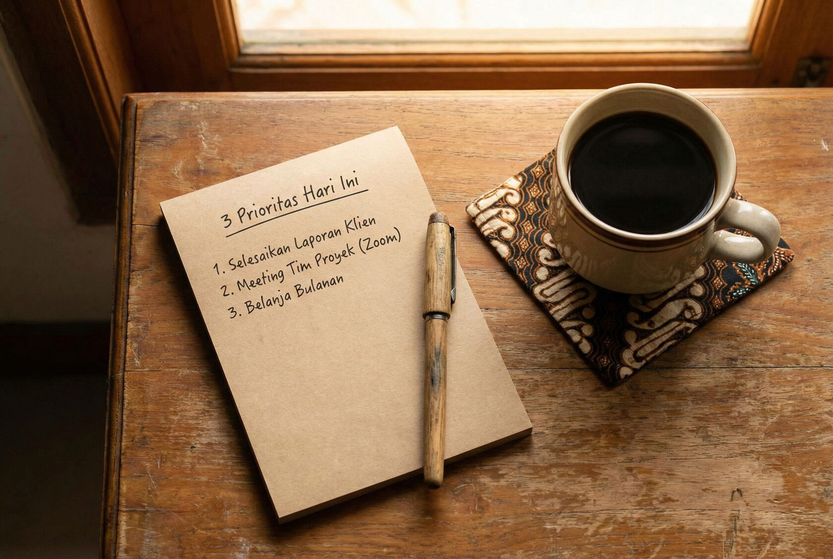 Buku catatan berisi tiga prioritas harian di atas meja kayu sebagai cara sederhana mengurangi stres dan meningkatkan fokus