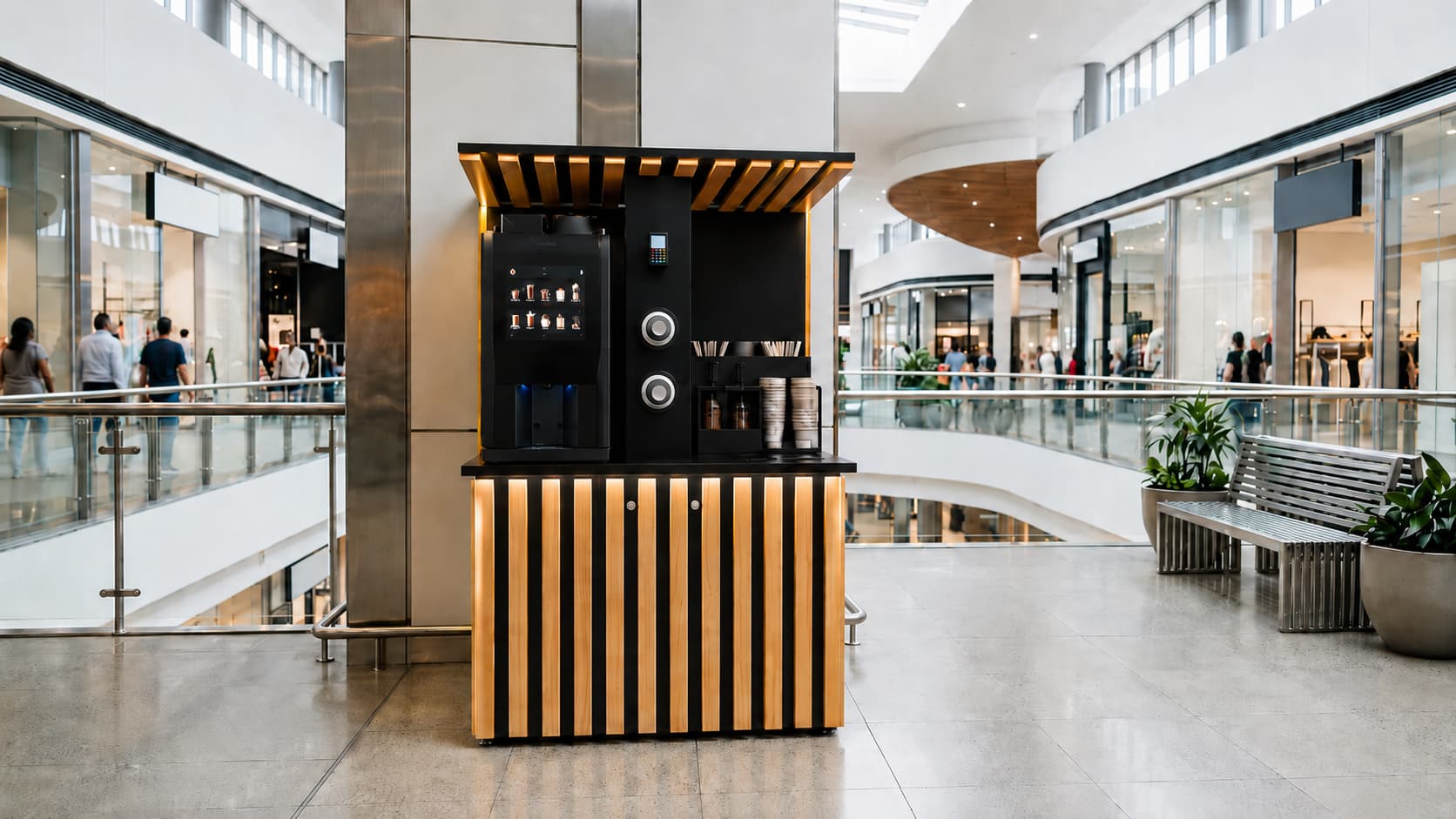 kiosques à café automatisés dans les centres commerciaux, kiosque à café de centre commercial, emplacement du kiosque à café, kiosque à café à fort trafic, opportunité commerciale de café de centre commercial, entreprise de café automatisée dans les centr