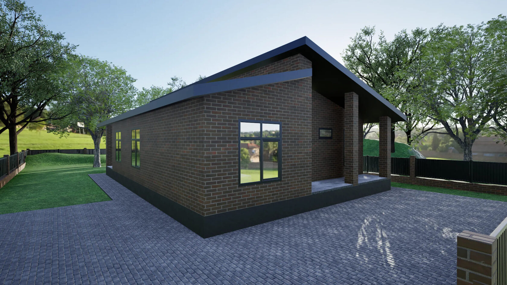 Одноэтажный дом в Ставрополе из темного кирпича с разноуровневой крышей и большими окнами