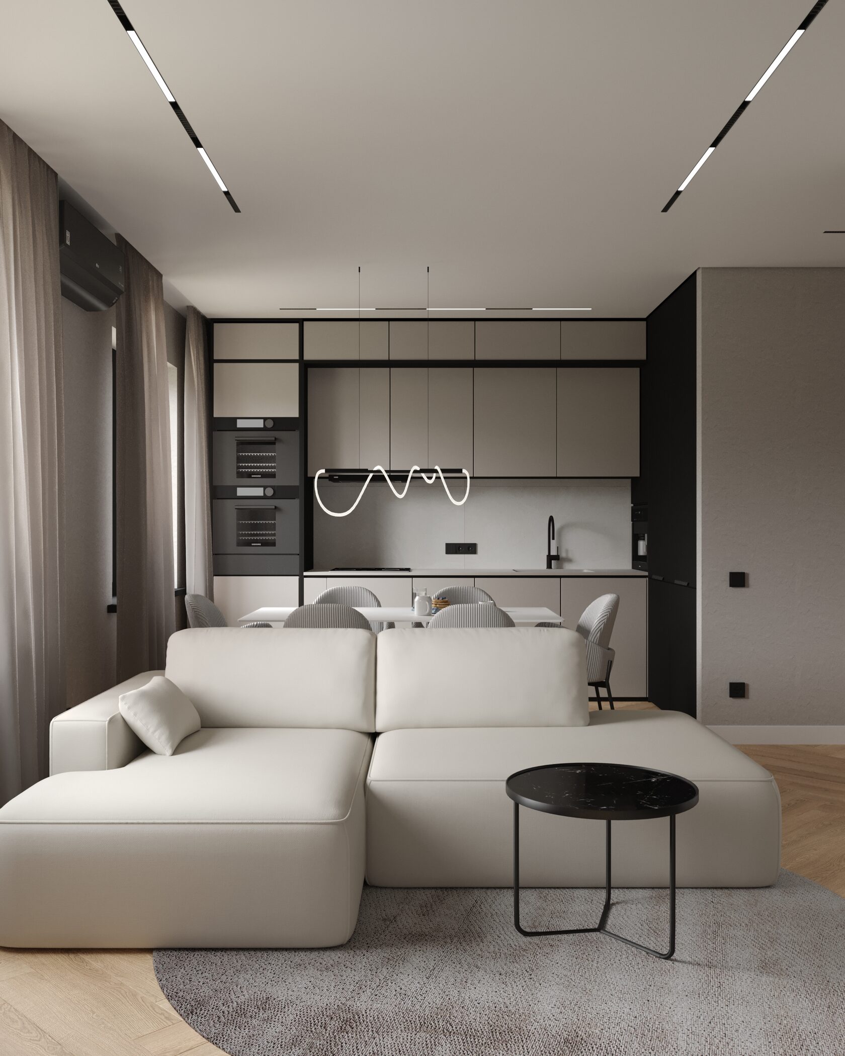 интерьер дивана и кухни