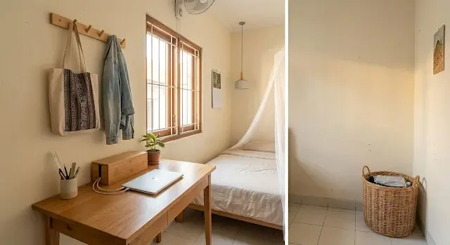 Meja kerja di kamar kecil yang rapi dan terorganisir untuk produktivitas