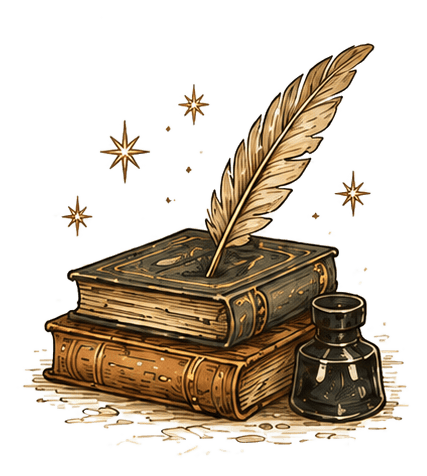 Перо, книги и чернильница