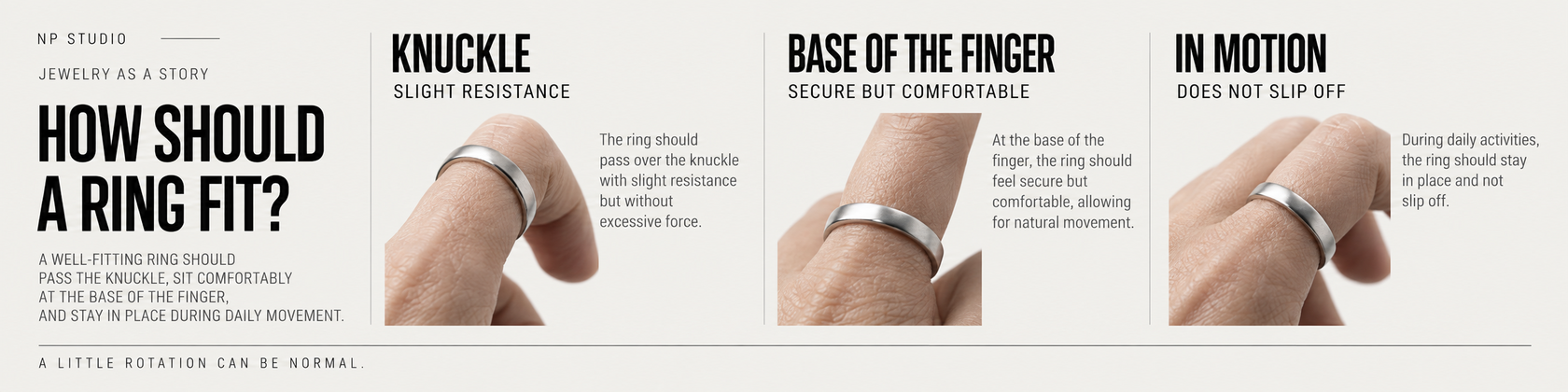 How should a ring fit on your finger — slight knuckle resistance, secure base fit and stability during normal movement