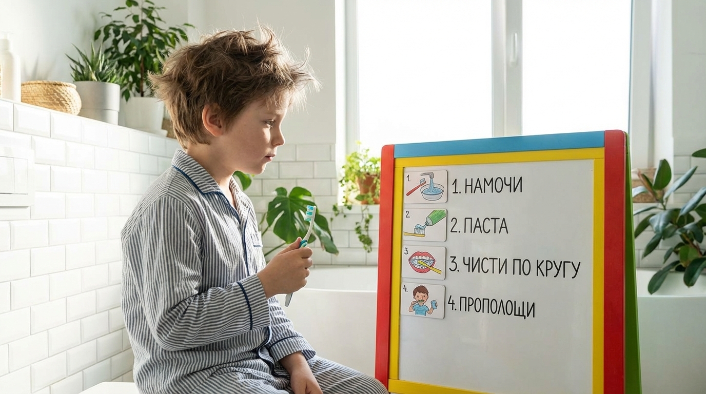 Мальчик с зубной щеткой изучает алгоритм для детей утром
