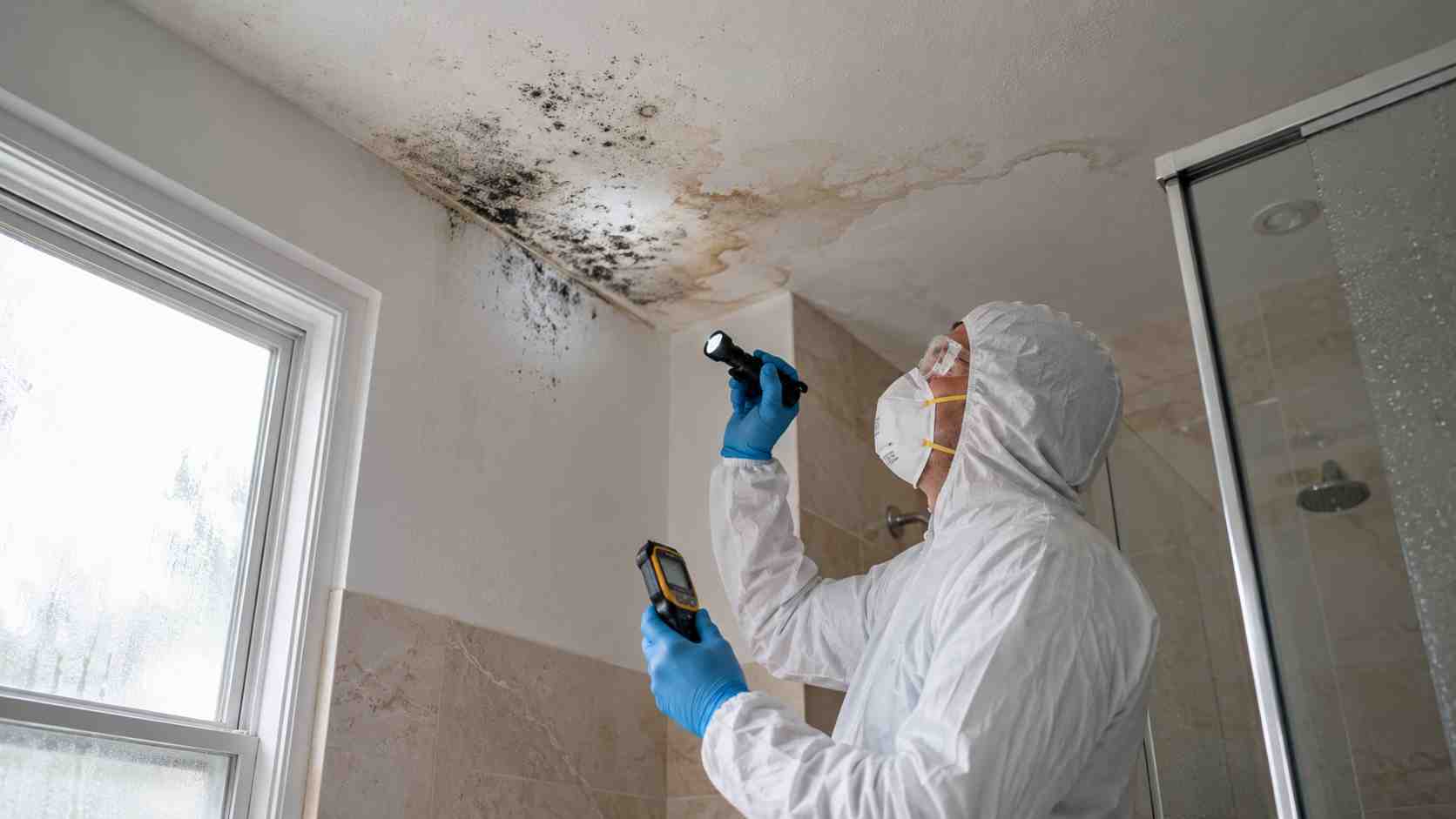 Mold remediation technician inspecting mold on bathroom ceiling with water damage stains moisture meter and flashlight