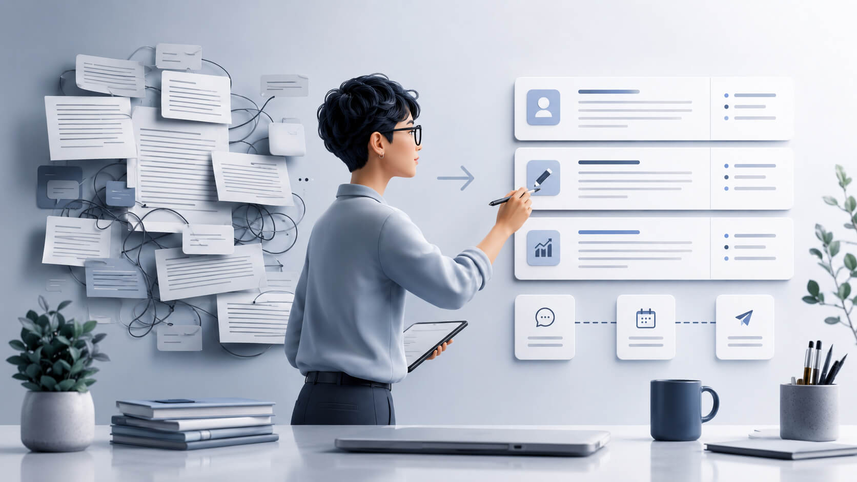 Website copy structure showing short content blocks clear page meaning and SEO support lines in a clean blue-grey style