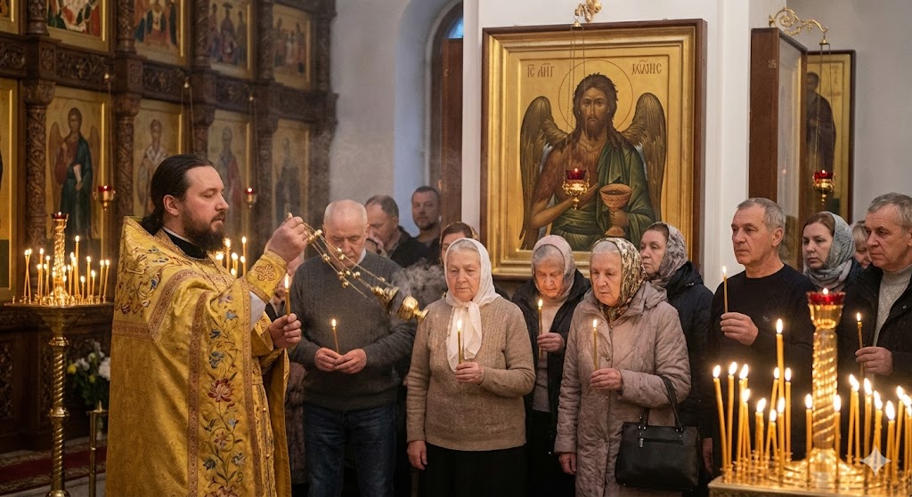 Праздничная литургия в православном храме на Рождество Иоанна Предтечи