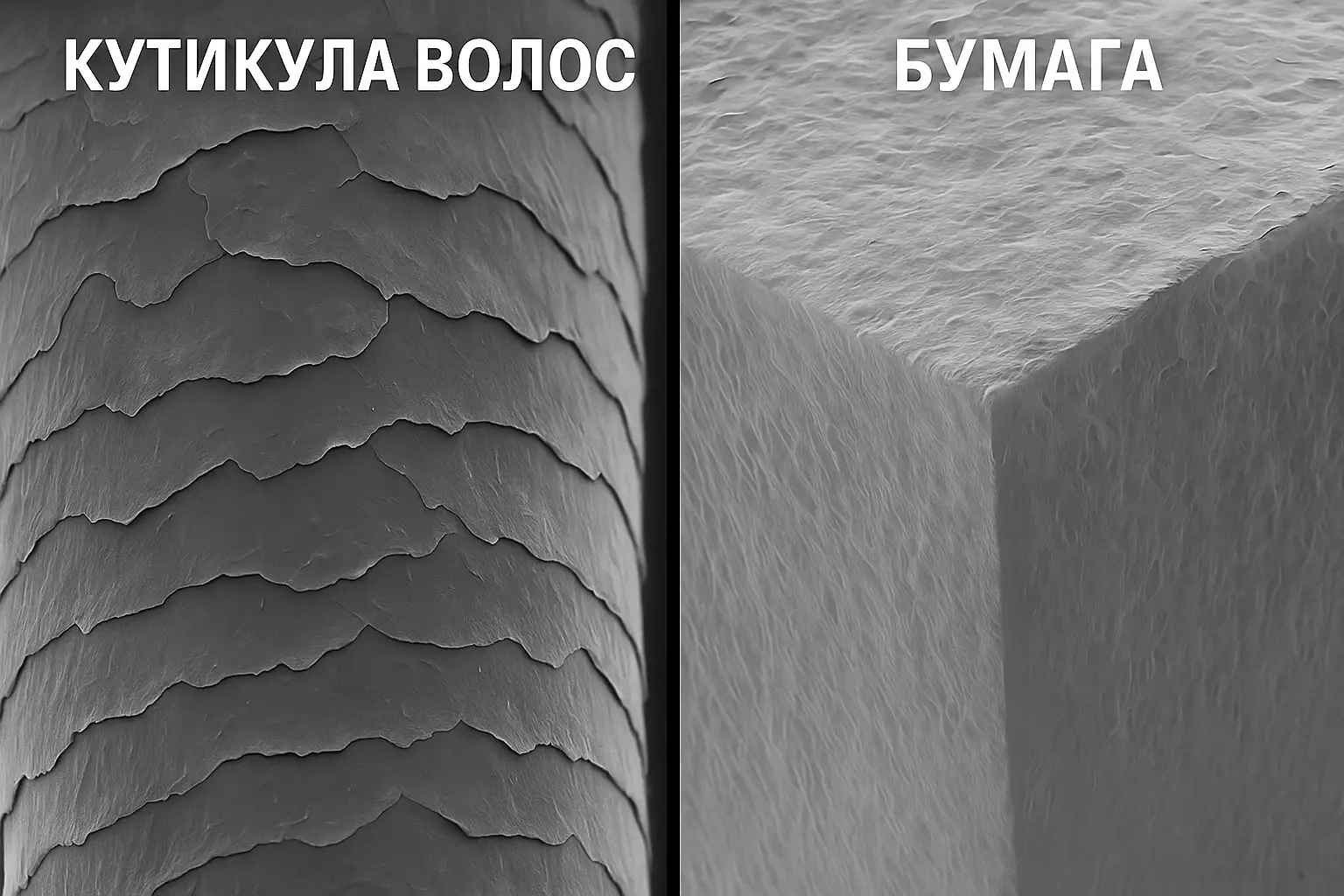 Кутикула волоса и бумага под микроскопом для сравнения текстуры