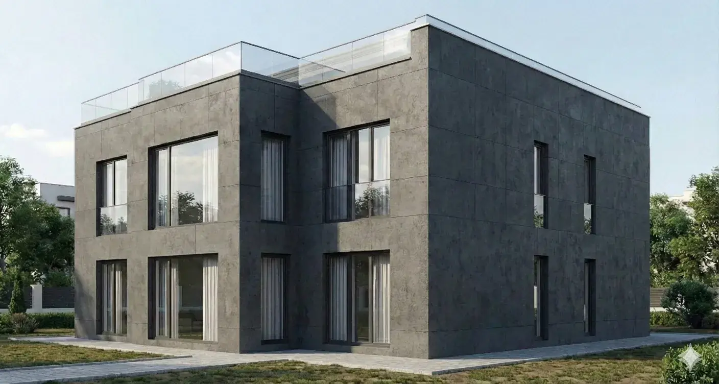 Боковой ракурс дома с плоской кровлей и панорамными окнами — типовой фасад хай-тек без декора, выполненный в тёмной отделке под бетон.