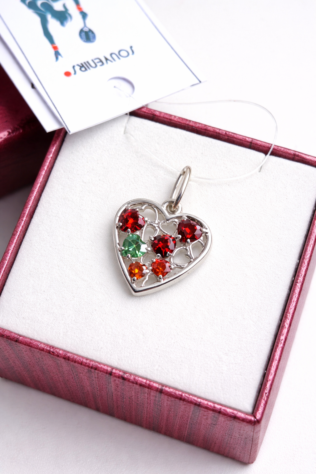 подвеска сердечко с разноцветными камнями, серебро, родирование